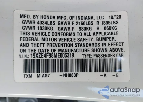 2021 Honda Insight Touring z USA, uszkodzony, nr VIN 19XZE4F98ME005319